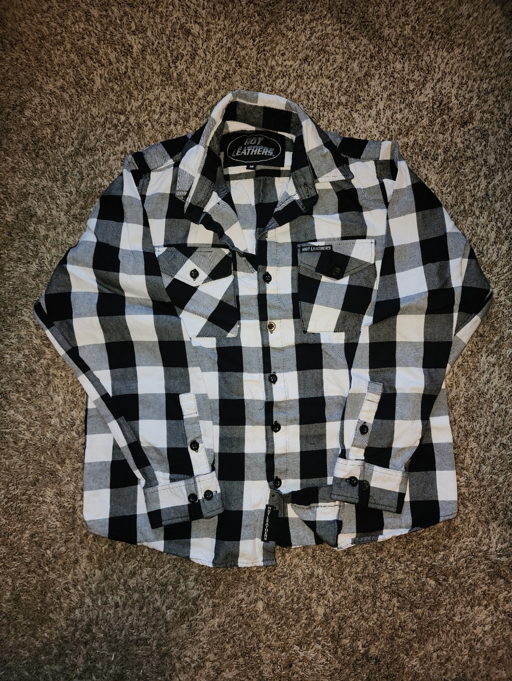 Hot Leathers Flannel Shirt Mens Med. Black White Buffalo Plaid Button Up Cotton